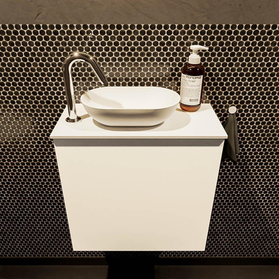 Mondiaz fowy armoire de toilette 50x50x23cm talc mat 1 trou pour robinet vasque : gauche 1 porte solid surface avec top mdf couleur vasque : blanc