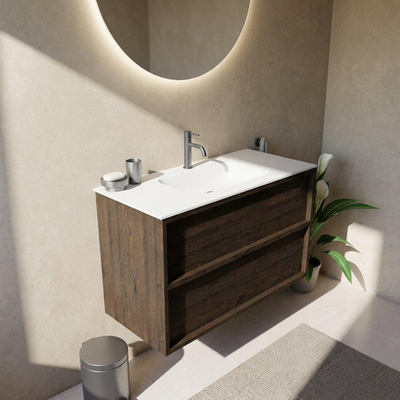 Saniclass Holz Frame Ensemble meuble de salle de bains - 100x45x61.5cm - Flow lavabo en solid surface blanc - 1 vasque - 1 trou de robinet - 2 tiroirs - chêne charcoal mat (bois)