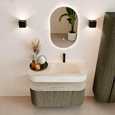 MONDIAZ THOR-DLUX Meuble de salle de bains 100cm arrondi gauche + droite couleur Shadow avec 1 tiroir et 2 portes. Vasque suspendue CLOUD Droite 1 trou de robinet couleur Meli.