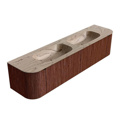 MONDIAZ KURVE-DLUX Meuble de salle de bains 190cm arrondi Gauche + Droite couleur Ruby avec 2 tiroirs et 2 portes. Lavabo STOR SMALL Double 2 trous de robinet Arena.