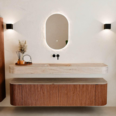 MONDIAZ THOR-DLUX 180cm meuble de salle de bains arrondi gauche + droite couleur Ruby avec 2 tiroirs et 2 portes. Vasque suspendue CLOUD Milieu sans trou de robinet couleur Saba.