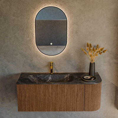 MONDIAZ KURVE-DLUX 115cm Meuble salle de bain avec module 25 D - couleur Walnut - 1 tiroir - 1 porte - vasque BIG SMALL gauche - 1 trou de robinet - couleur Lava