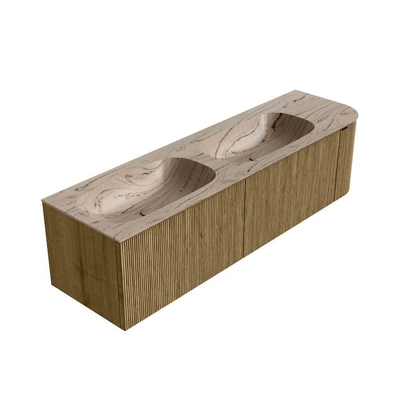 MONDIAZ KURVE-DLUX Meuble de salle de bains 165cm arrondi Droite couleur Dusk avec 2 tiroirs et 1 porte. Lavabo STOR SMALL Double / Gauche 2 trous de robinet Arena.