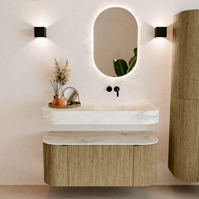 MONDIAZ THOR-DLUX Meuble de salle de bains 110cm arrondi gauche + droite couleur Dusk avec 1 tiroir et 2 portes. Vasque suspendue CLOUD Droite sans trou de robinet couleur Ostra.