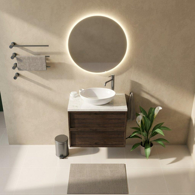 Saniclass Holz Frame Ensemble meuble de salle de bains - 80x45x63cm - Plan vasque en marbre Dia poli (blanc) - 1 trou de robinetterie - 2 tiroirs - chêne charcoal mat (bois)