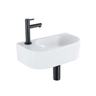 QeramiQ Fuente Ensemble de lavabo - 40x21.5x12cm - gauche - nervuré - demi-rond - 1 trou de robinet - céramique - robinet de lavabo noir mat - bonde - siphon abaissé - blanc mat