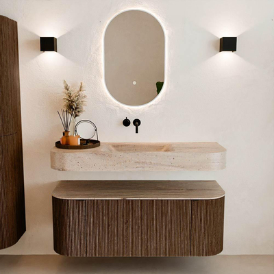 MONDIAZ THOR-DLUX 120cm meuble de salle de bains arrondi gauche + droite couleur Walnut avec 1 tiroir et 2 portes. Vasque suspendue CLOUD Milieu sans trou de robinet couleur Saba.