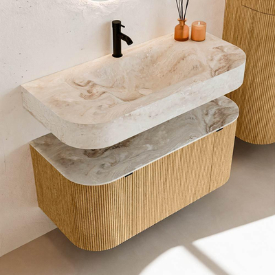 MONDIAZ THOR-DLUX 100cm badmeubel ronding links + rechts kleur Oak met 1 lade en 2 deuren. Vrijhangende wastafel CLOUD Midden 1 kraangat kleur Frappe.