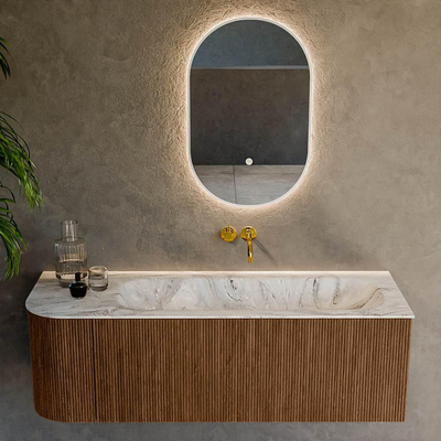 MONDIAZ KURVE-DLUX 135cm Meuble salle de bain avec module 25 G - couleur Walnut - 1 tiroir - 1 porte - vasque BIG MEDIUM droite - sans trou de robinet - couleur Glace