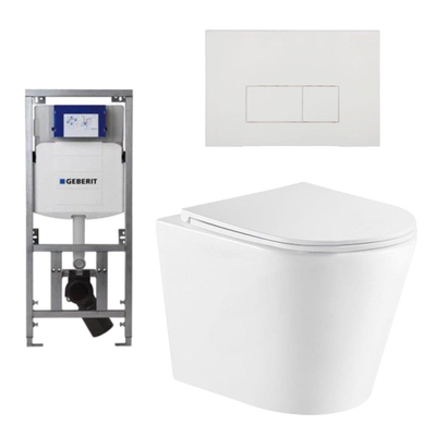 QeramiQ Dely Toiletset - 36.3x51.7cm - diepspoel - rimless - Geberit UP320 inbouwreservoir - softclose toiletzitting - glans witte bedieningsplaat - rechtehoekige knoppen - wit glans