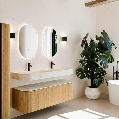 MONDIAZ THOR-DLUX 140cm meuble de salle de bains arrondi gauche + droite couleur Oak avec 1 tiroir et 2 portes. Vasque suspendue CLOUD Double 2 trous de robinet couleur Ostra.