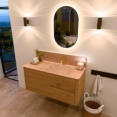 Mondiaz CIRO-DLUX Meuble de salle de bains - 110x45x50cm - Plan vasque solid surface Saba - 1 vasque à droite - 1 trou de robinet - 2 tiroirs - Chêne