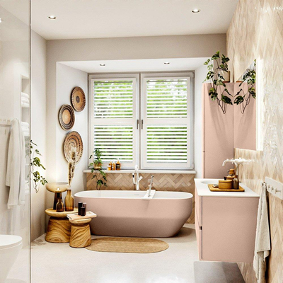 Mondiaz VICA ensemble de meuble de salle de bain - 120cm - meuble sous-vasque rosee - 2 tiroirs - lavabo moon gauche - 1 trou de robinet - version haute de 60cm - talc