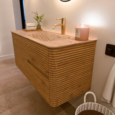 Mondiaz CIRO-DLUX Badkamermeubelset - 110x45x50cm - Solid surface wastafel Arena - 1 wasbak Rechts - 1 kraangat - 2 lades - Oak