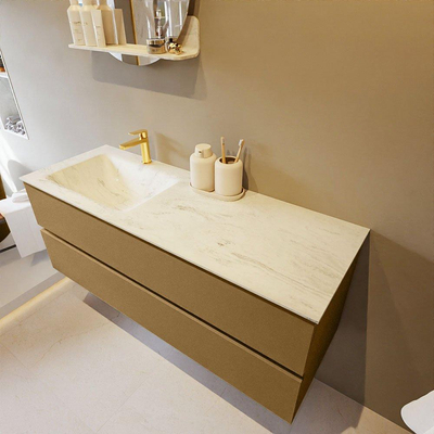 Mondiaz VICA-DLUX ensemble de meuble de salle de bain - 130cm - meuble sous-vasque oro - 2 tiroirs - lavabo encastré cloud gauche - 1 trou de robinet - version haute de 60cm - opalo