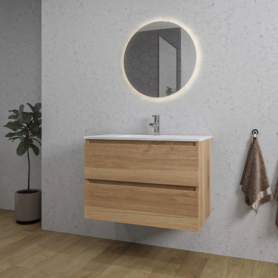 Saniclass Chaci Ensemble meuble de salle de bains - 80x46x55cm - lavabo en céramique blanc - 1 vasque - 1 trou de robinet - 2 tiroirs - miroir rond avec éclairage - chêne