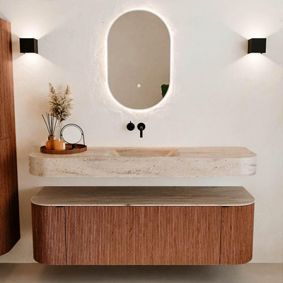 MONDIAZ THOR-DLUX 150cm meuble de salle de bains arrondi gauche + droite couleur Ruby avec 1 tiroir et 2 portes. Vasque suspendue CLOUD Milieu sans trou de robinet couleur Saba.