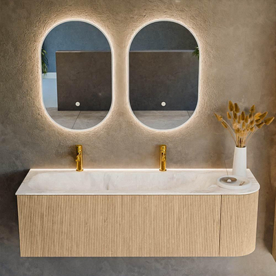 MONDIAZ KURVE-DLUX 145cm Meuble salle de bain avec module 25 D - couleur Oak - 1 tiroir - 1 porte - vasque BIG LARGE gauche - 2 trous de robinet - couleur Frappe