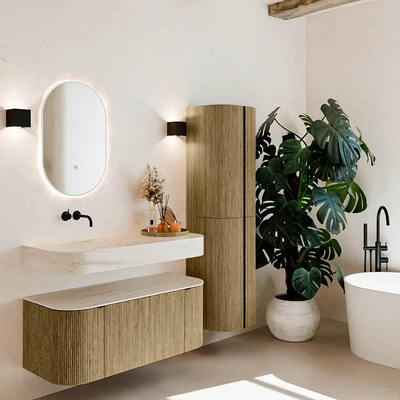 MONDIAZ THOR-DLUX 110cm meuble de salle de bains arrondi gauche + droite couleur Dusk avec 1 tiroir et 2 portes. Vasque suspendue CLOUD Gauche sans trou de robinet couleur Meli.