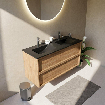 Saniclass Holz Frame Ensemble de meubles de salle de bains - 120x45x62cm - Vygo lavabo en céramique noir - 2 vasques - 2 trous de robinetterie - 2 tiroirs - chêne natural mat (bois)