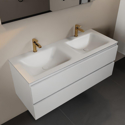 Mondiaz Aivy badmeubelset - 120x45x50cm - 2 kraangaten - 2 wasbakken talc Solid surface - Links en rechts - 2 lades - Met spiegel - MDF Talc