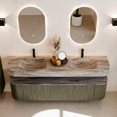 MONDIAZ THOR-DLUX 180cm meuble de salle de bains arrondi gauche + droite couleur Shadow avec 2 tiroirs et 2 portes. Vasque suspendue CLOUD Double 2 trous de robinet couleur Oza.