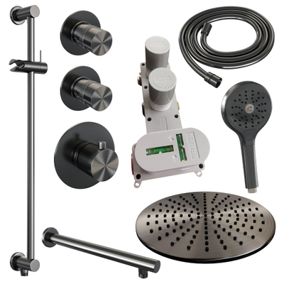 Brauer Gunmetal Edition Ensemble de douche pluie encastré - douche principale 30cm - 3 boutons lisses - bras mural droit - glijstang - douchette ronde 3 positions - PVD - gunmetal brossé