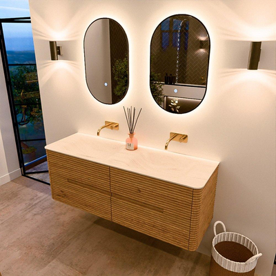 Mondiaz CIRO-DLUX Badkamermeubelset - 140x45x50cm - Solid surface wastafel Meli - 2 wasbak Dubbel - zonder kraangaten - 4 lades - Oak