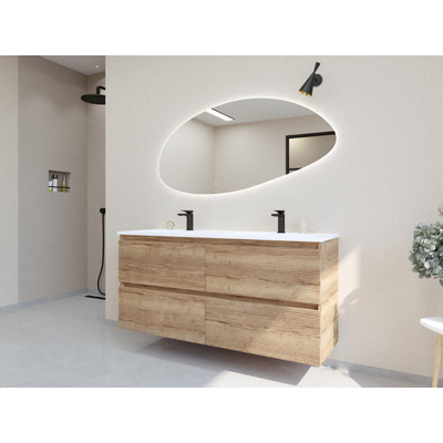 H&R Badmeubelen Infinity XXL 3D Badkamermeubelset - 140 cm - 2 keramische wasbakken thin mat wit - 2 kraangaten - 4 lades - french oak