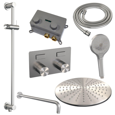 BRAUER Brushed Carving Douche de pluie thermostatique encastrée - boutons poussoirs - SET 70 - douche de tête 30cm - bras mural courbé - douchette 3 jets - flexible de douche - barre de douche intégrée - inox brossé PVD