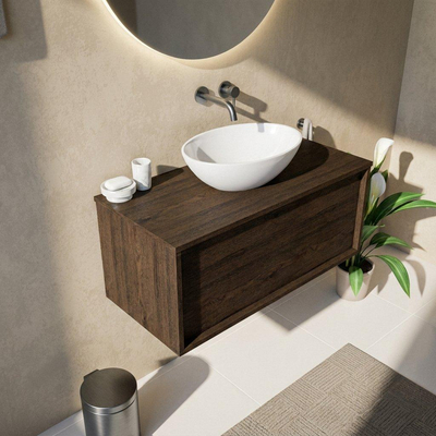 Saniclass Holz Frame Ensemble de meuble de salle de bains - 100x45x42cm - plan de travail en bois - sans trou de robinet - 1 tiroir - chêne charcoal mat (bois)