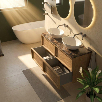 Saniclass Holz Frame Ensemble de meubles de salle de bains - 140x45x63cm - Plan de travail en pierre naturelle Noche dark emperador - sans trou de robinet - 4 tiroirs - chêne natural mat (bois)