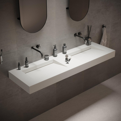 Ideavit Solidsquare Lavabo 150x46x10cm rectangulaire 0 trous de robinet 2 vasques Solid surface blanc