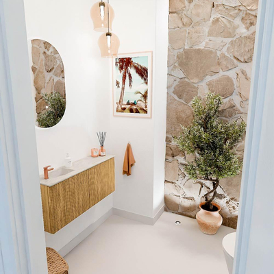 Mondiaz JOYA-DLUX 90cm toiletmeubel - kleur Oak - Wastafel FAYE positie Links 1 kraangat kleur Ostra.