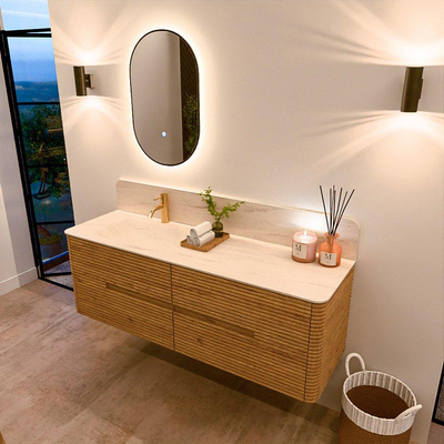 Mondiaz CIRO-DLUX Badkamermeubelset - 150x45x50cm - Solid surface wastafel Meli - 1 wasbak Links - 1 kraangat - 4 lades - Oak