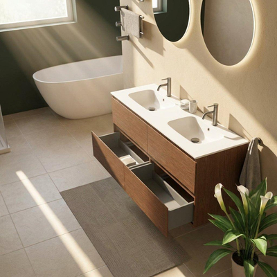 Saniclass Holz Pure Badkamermeubelset - 140x45x61.5cm - Flow solid surface wastafel wit - 2 wasbakken - 2 kraangaten - 4 lades - mat walnut pure (hout)