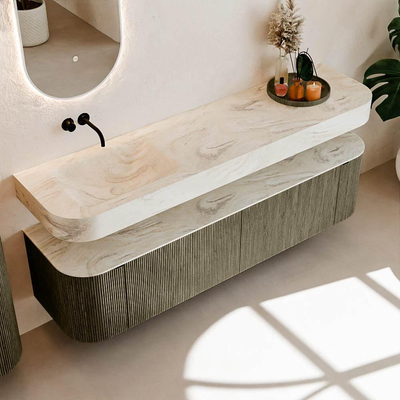 MONDIAZ THOR-DLUX 180cm meuble de salle de bains arrondi gauche + droite couleur Shadow avec 2 tiroirs et 2 portes. Vasque suspendue CLOUD Gauche sans trou de robinet couleur Ostra.