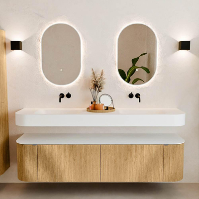 MONDIAZ THOR 180cm meuble de salle de bains arrondi gauche + droite couleur Oak avec 2 tiroirs et 2 portes. Vasque suspendue CLOUD Double sans trou de robinet couleur Talc.