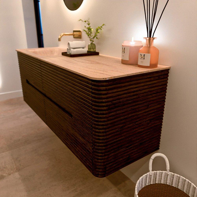 Mondiaz CIRO-DLUX Badkamermeubelset - 140x45x50cm - Solid surface wastafel Saba - 1 wasbak Links - zonder kraangaten - 4 lades - Walnut