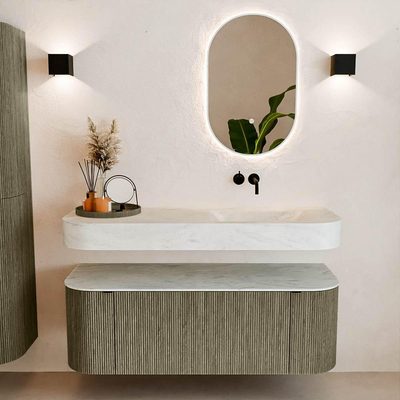 MONDIAZ THOR-DLUX 130cm meuble de salle de bains arrondi gauche + droite couleur Shadow avec 1 tiroir et 2 portes. Vasque suspendue CLOUD Droite sans trou de robinet couleur Opalo.