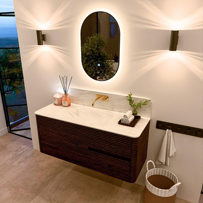 Mondiaz CIRO-DLUX Meuble de salle de bains - 120x45x50cm - plan-vasque solid surface Opalo - 1 vasque au milieu - sans trous de robinetterie - 2 tiroirs - Noyer