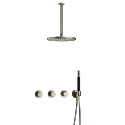Hotbath Cobber IBS70 Ensemble de douche pluie encastré - bras plafond de 30 cm - douche principale ronde de 30 cm - douchette à main - nickel brossé
