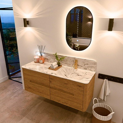 Mondiaz CIRO-DLUX Ensemble de meubles de salle de bains - 130x45x50cm - Vasque solid surface Glace - 1 bassin à droite - 1 trou de robinet - 4 tiroirs - Chêne