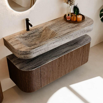 MONDIAZ THOR-DLUX 130cm badmeubel ronding links + rechts kleur Walnut met 1 lade en 2 deuren. Vrijhangende wastafel CLOUD Links 1 kraangat kleur Oza.