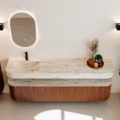 MONDIAZ THOR-DLUX 200cm meuble de salle de bains arrondi gauche + droite couleur Ruby avec 2 tiroirs et 2 portes. Vasque suspendue CLOUD Gauche 1 trou de robinet couleur Nata.