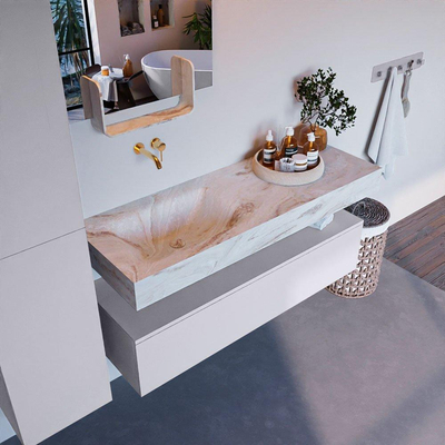 Mondiaz ALAN-DLUX Ensemble de meuble - 130cm - meuble Cale mat - 1 tiroir - Lavabo Cloud Frappe suspendu - vasque Gauche - 0 trous de robinet