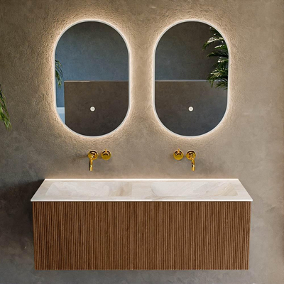 MONDIAZ KURVE-DLUX 120cm Meuble salle de bain - couleur Walnut - 1 tiroir - vasque LEAF double - sans trou de robinet - couleur Frappe