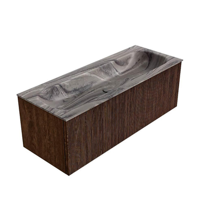 MONDIAZ KURVE-DLUX 120cm meuble de salle de bains couleur Walnut avec 1 tiroir et 0 porte. Lavabo BIG LARGE Centre sans trou de robinet Sombra.