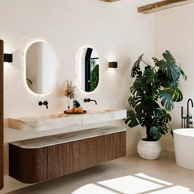 MONDIAZ THOR-DLUX 180cm meuble de salle de bains arrondi gauche + droite couleur Walnut avec 2 tiroirs et 2 portes. Vasque suspendue CLOUD Double sans trou de robinet couleur Frappe.