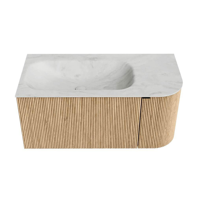 MONDIAZ KURVE-DLUX Meuble de salle de bains 95 cm avec module 25 R couleur Oak avec 1 tiroir et 1 porte. Lavabo BIG SMALL gauche sans trou de robinet couleur Opalo.